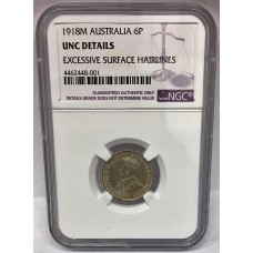 AUSTRALIA 1918M . SIXPENCE . NGC UNCIRCULATED . VERY SCARCE